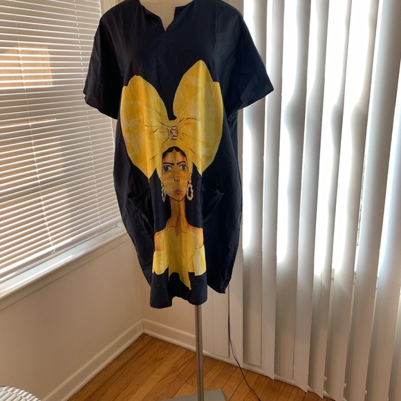 Print loose black mini dress with pockets - Picture 3 of 3